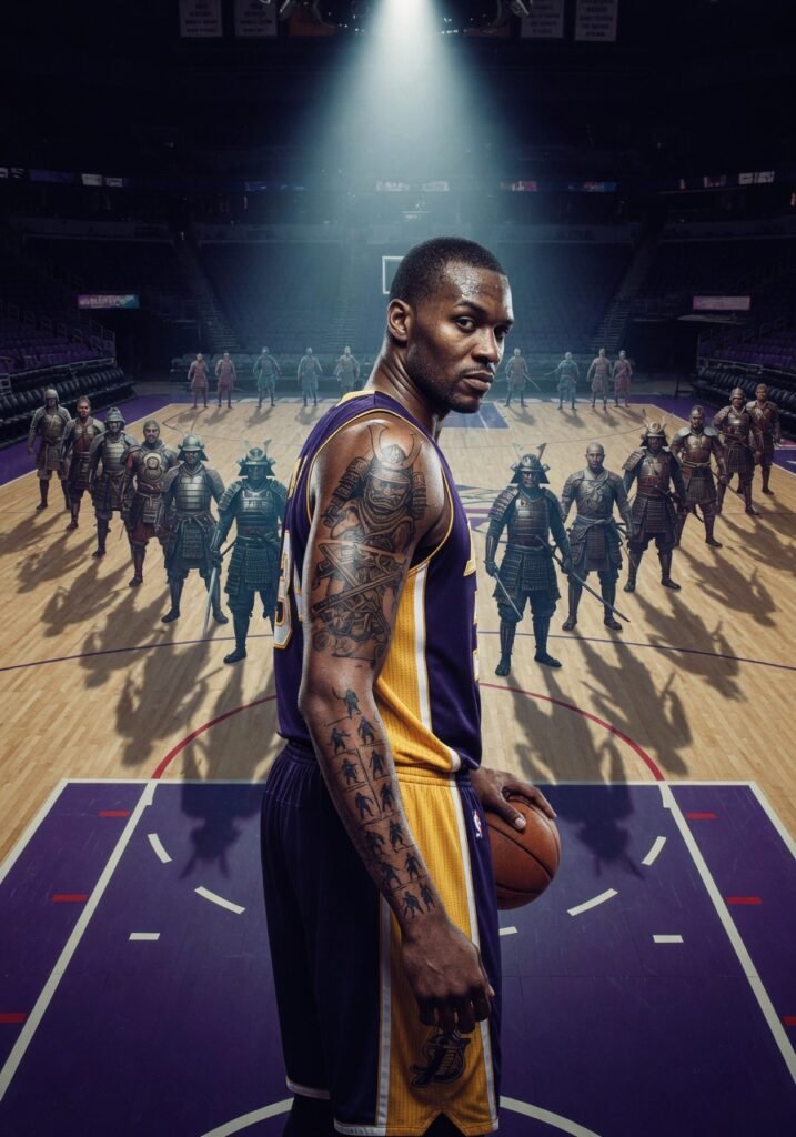 Lakers-jersey player flanked by ghostly samurai warriors on basketball court, Shaolin training themed editorial