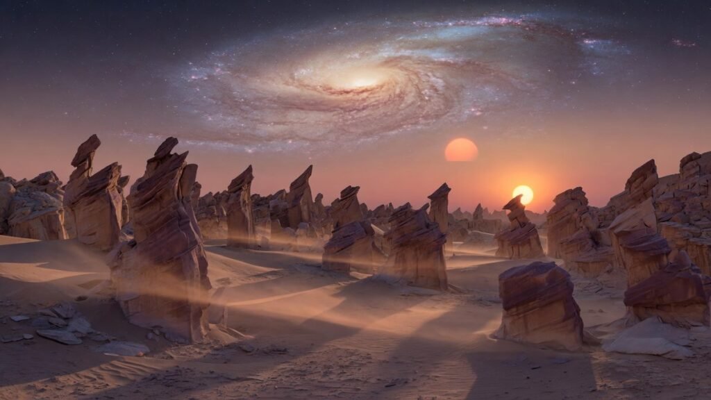 A desert canyon of rock spires under a spiral galaxy as two suns set on the horizon