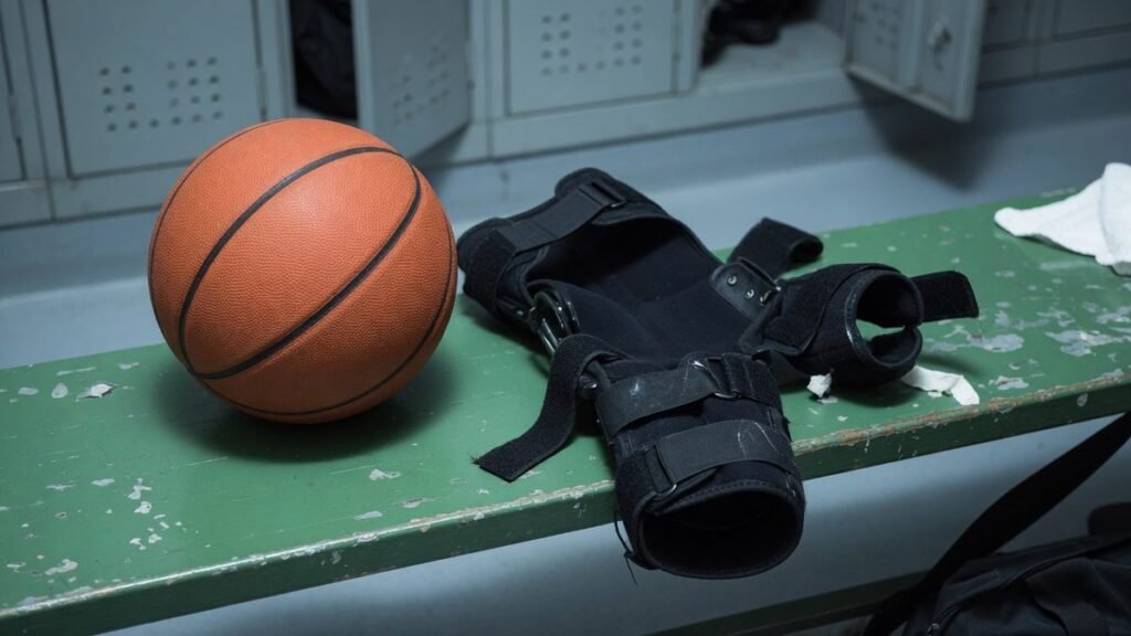 A basketball next to an athletic knee brace on a locker-room bench