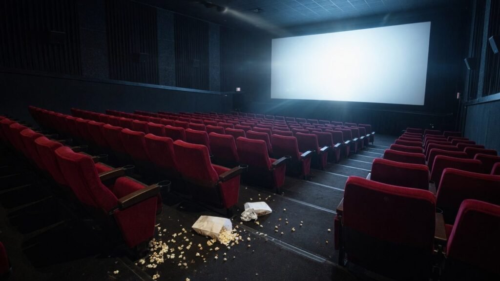 An empty movie theater with rows of red seats lit only by the glow of a blank bright screen