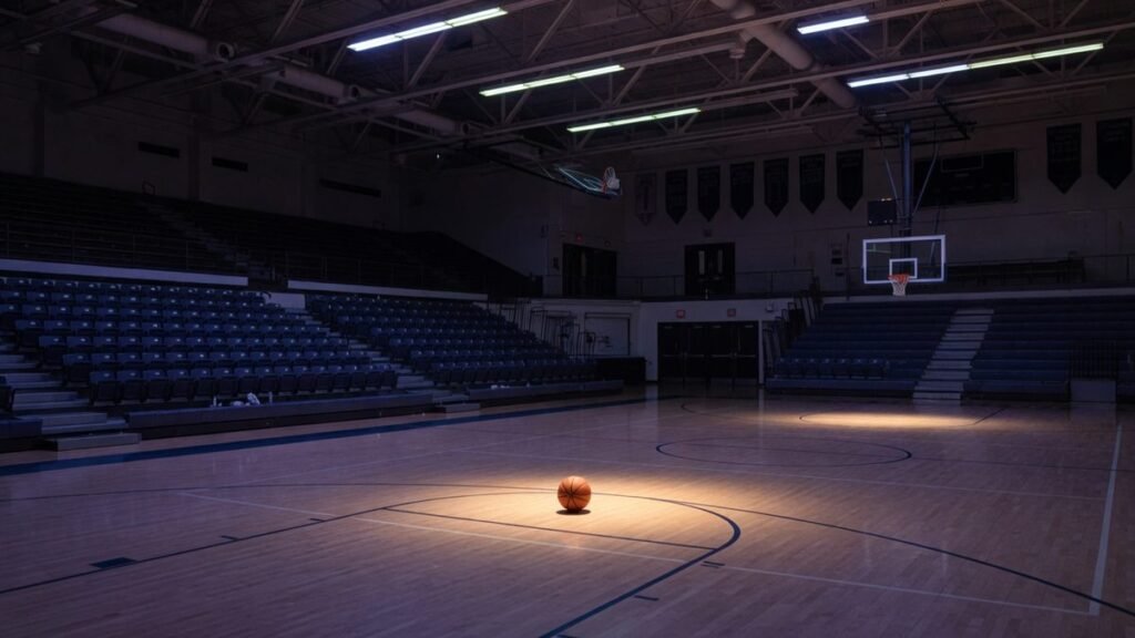 A college gym at night with a single basketball at center court