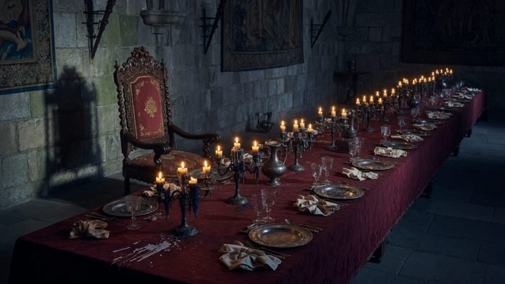 A long empty banquet table in a candlelit stone hall