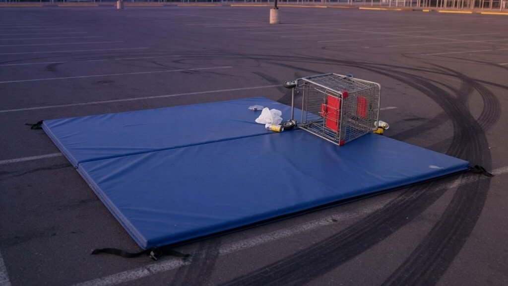 A stunt crash mat and a tipped-over shopping cart in an empty parking lot at dusk