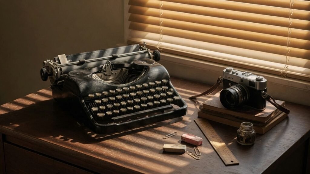 A vintage typewriter with no paper in it beside an old film camera on a wooden desk